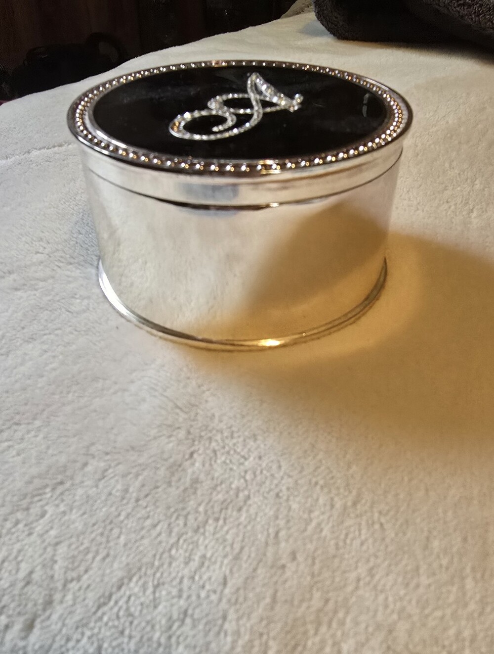 Silver Safe Keeper Oval Jewelry Box with Black Velvet Top and Rhinestone 'A'